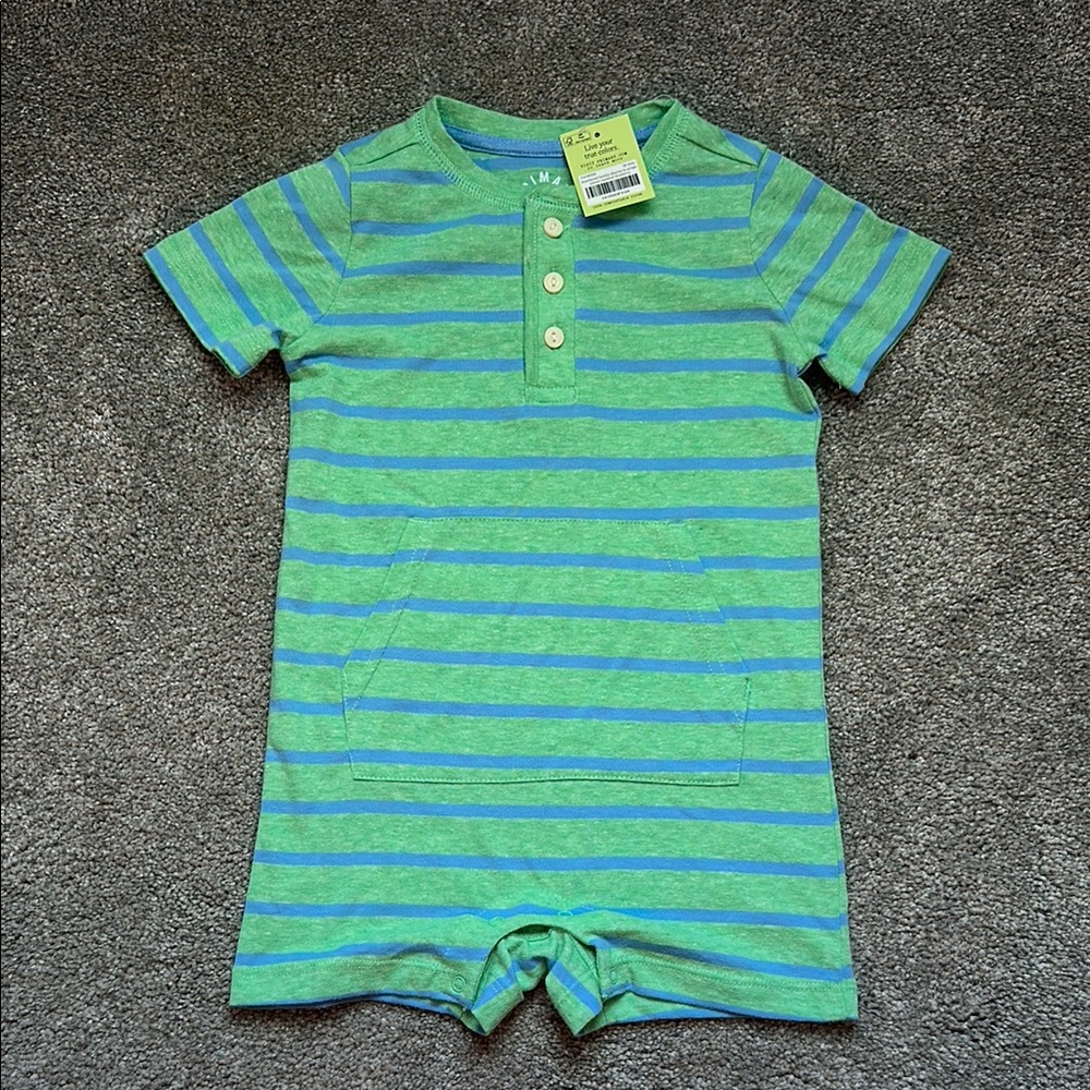 NWT Primary Green and Blue Striped Romper